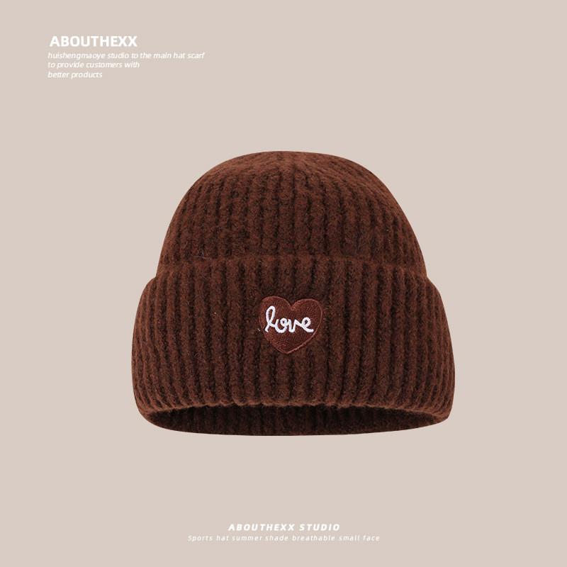 

Love Heart Embroidered Knit Hat With Windproof Warmth For Autumn Winter Brown