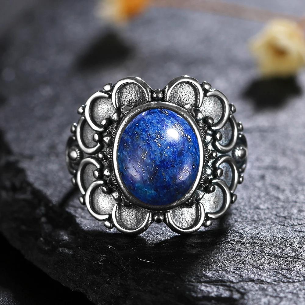 Natural 8*10MM Lapis Lazuli Finger Ring  Rings for Women Gift S Silver Flower Shaped Ring