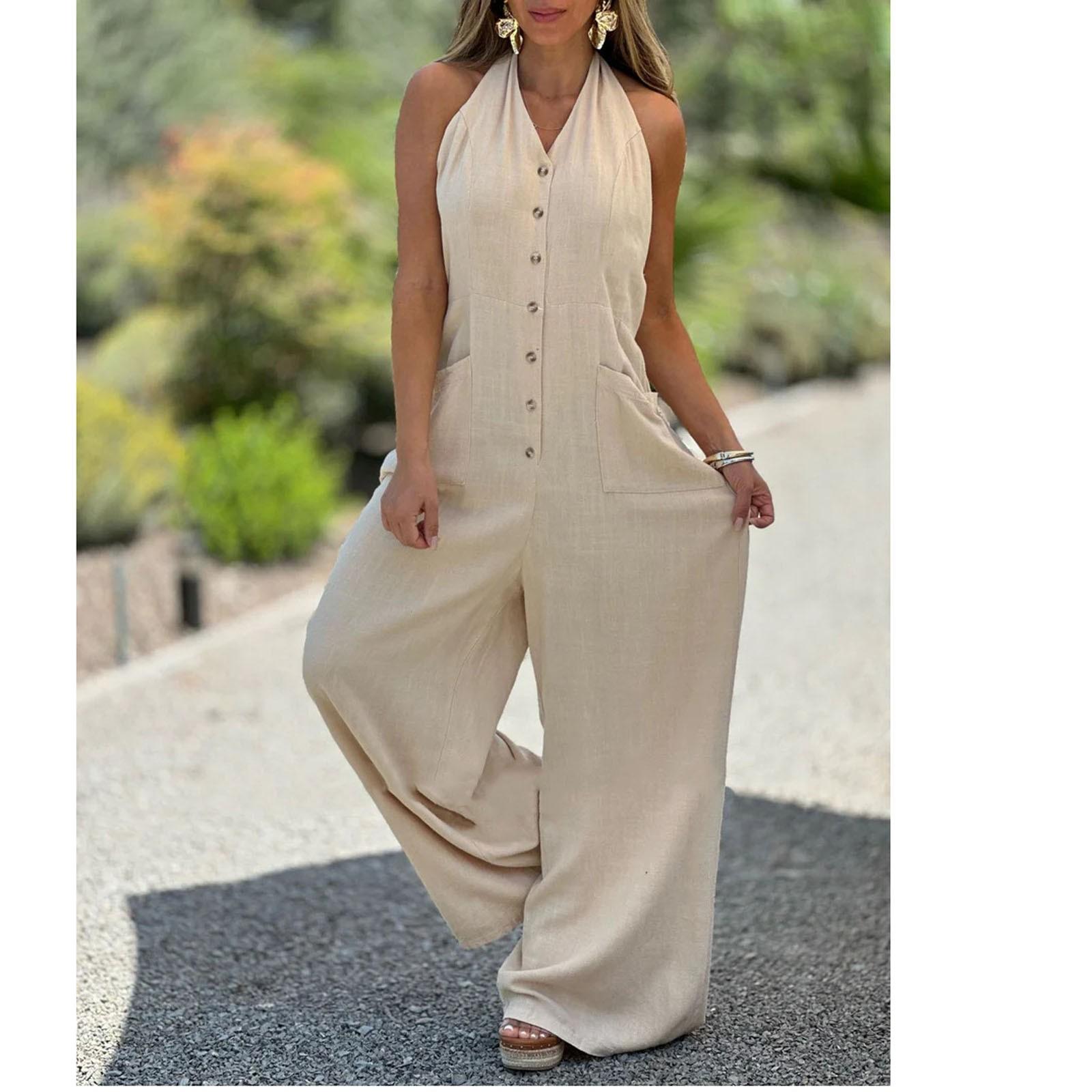 

Женский комбинезон с открытой спиной, повседневные брюки, комбинезон с карманами M хаки