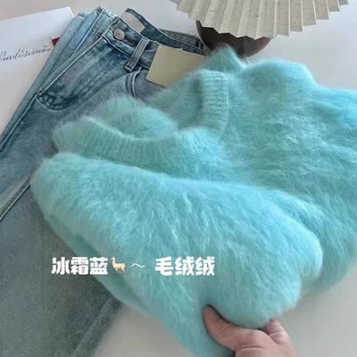 Herbst und Winter neuer Nerz-Fleece blauer Pullover Damen High-End-Gefühl modisches Temperament Rundhalsausschnitt Wollstrickpullover verdicktes Oberteil
