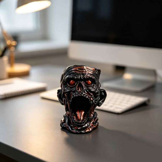 Resin Desk Organizer Gothic Skull Pen Holder, Realistic Zombie Head Makeup Brush Organizer, Large Capacity Desktop Holder Storage Container,
