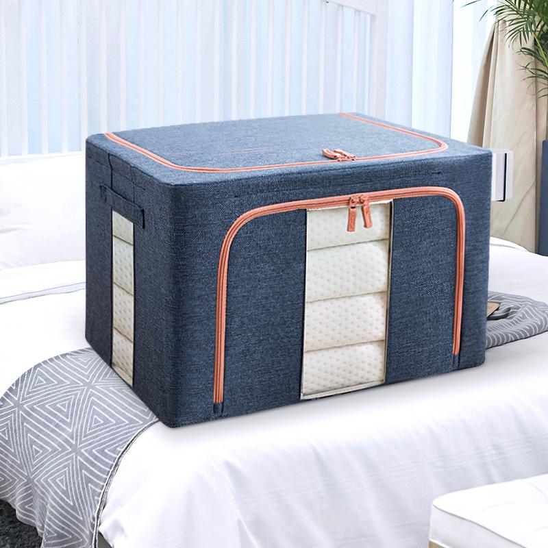Large Capacity Foldable Storage Box, Cotton Linen Organizer with Steel Frame for Home Quilts and Clothes