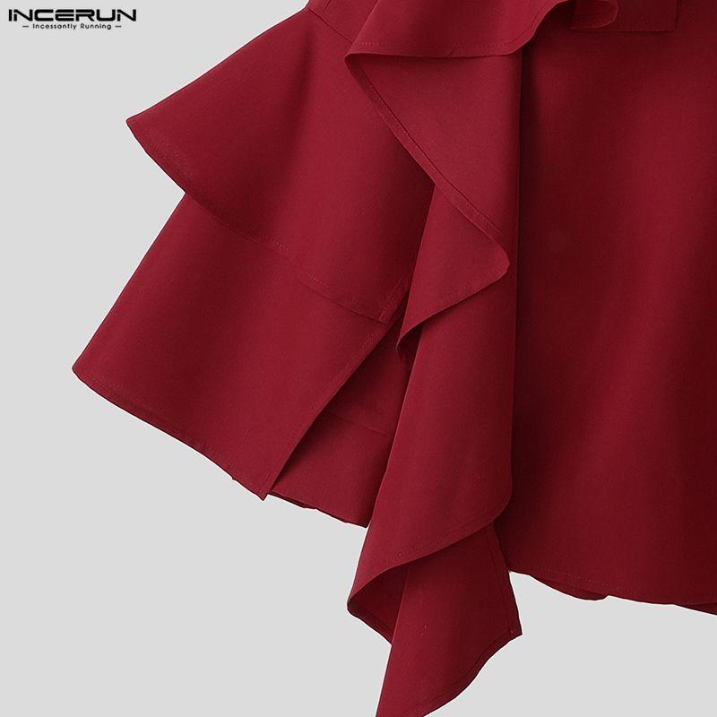 INCERUN Men Lapel Neck Long Sleeve Ruffled Shirts Casual Loose Oversized Tops