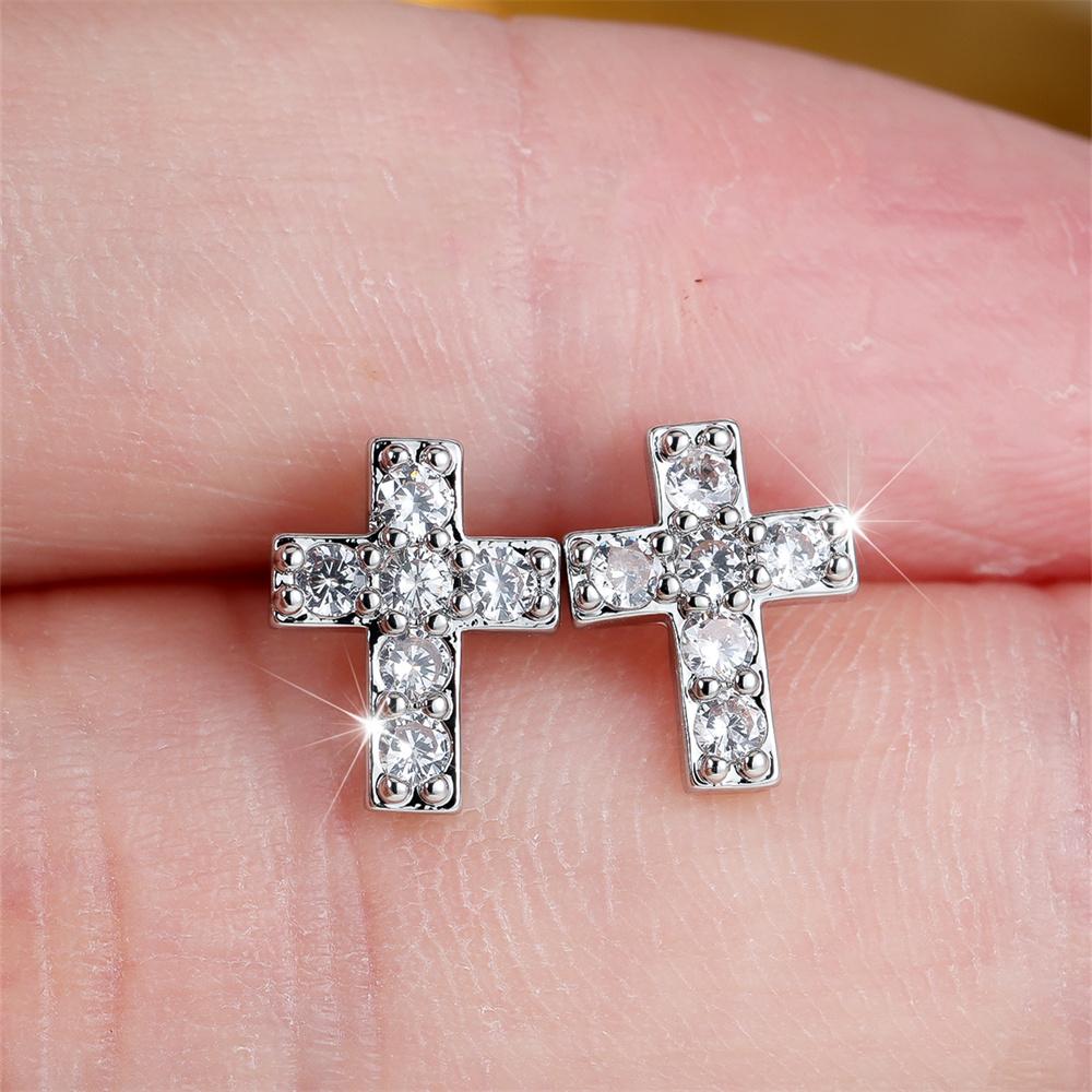 Classic Cross White Zircon Round Stone Stud Earrings For Women Vintage Silver Color Wedding Earring Valentines Day Jewelry Gifts
