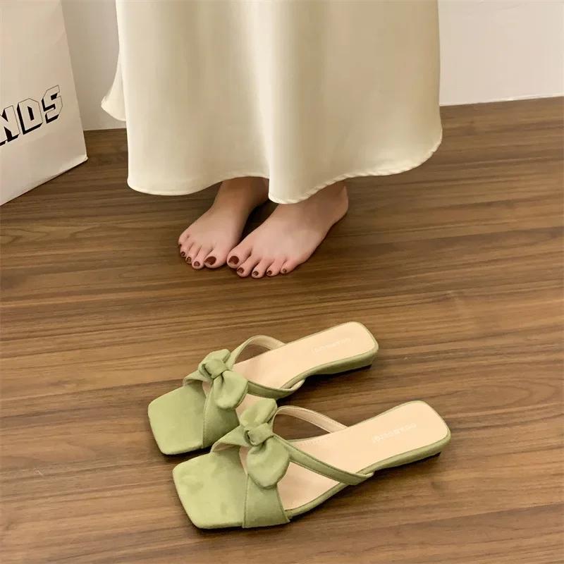 Gentle Fairy Style Butterfly Knot Low Heel Sandals Women's Summer New Coarse Heel Match Skirts Outdoor Wear Polyurethane
