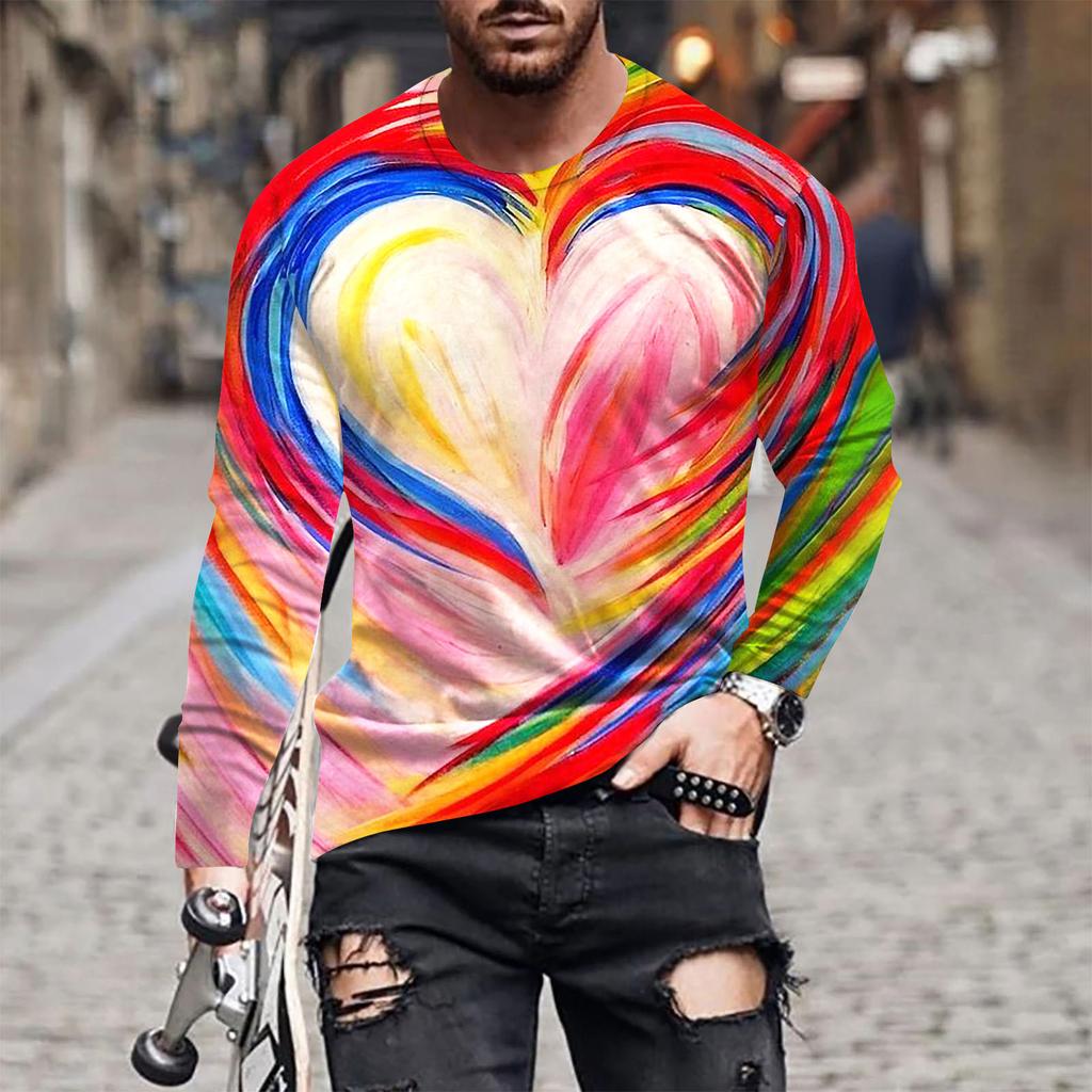 Spring and Autumn Round Neck 3D Love Printed Top Valentine's Day Themed T-shirts Fashionable Casual Long Sleeved Men's T-shirts