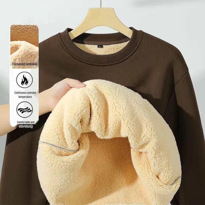 Men s Thick Lambswool Hoodie, Velvet-Lined, Winter Warmth, Round Neck, New Style Jacket M (80-100 Jin)