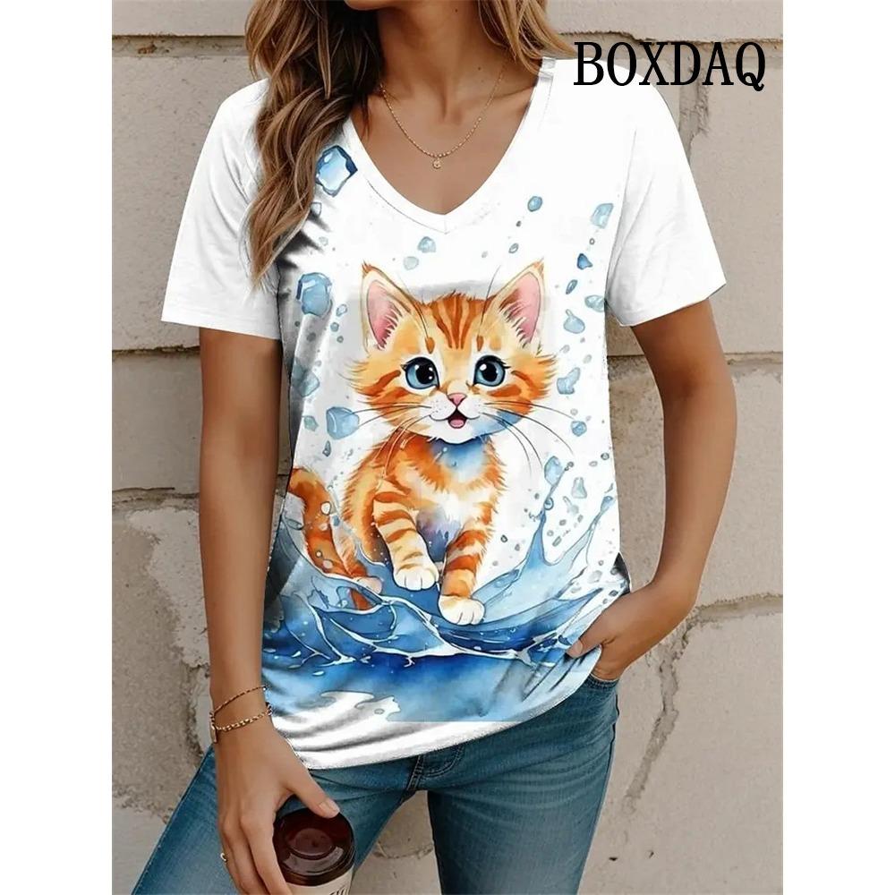 

Outdoor Women s T-Shirt Cute Cat Printed Short Sleeve Top Female Harajuku Tees Shirt Plus Size V-Neck Tops Animal Women Clothing S