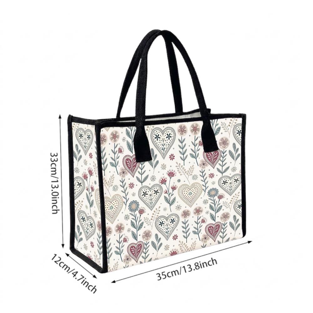 Boho Floral Heart Print Canvas Tote Bag Casual Large Capacity Shopping Handbag for Women Daily Use
