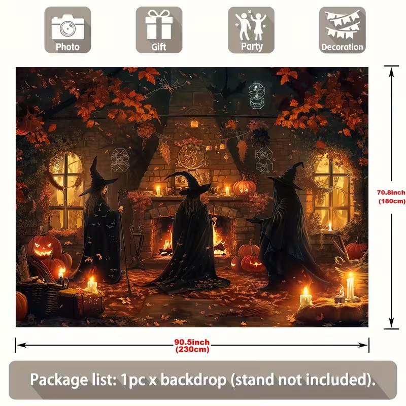 2D Halloween Witch Gathering Tapestry, Autumn Cottage Wall Hanging Background Cloth