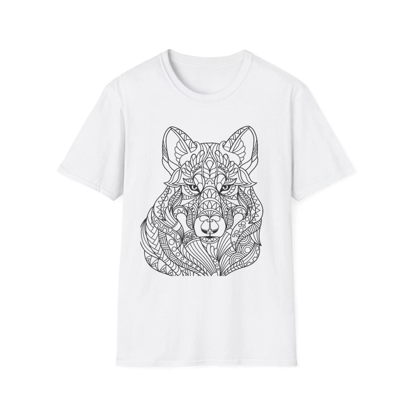 Color your own shirt Intricate Wolf Zentangle T-Shirt | Mandala Animal Line Art L