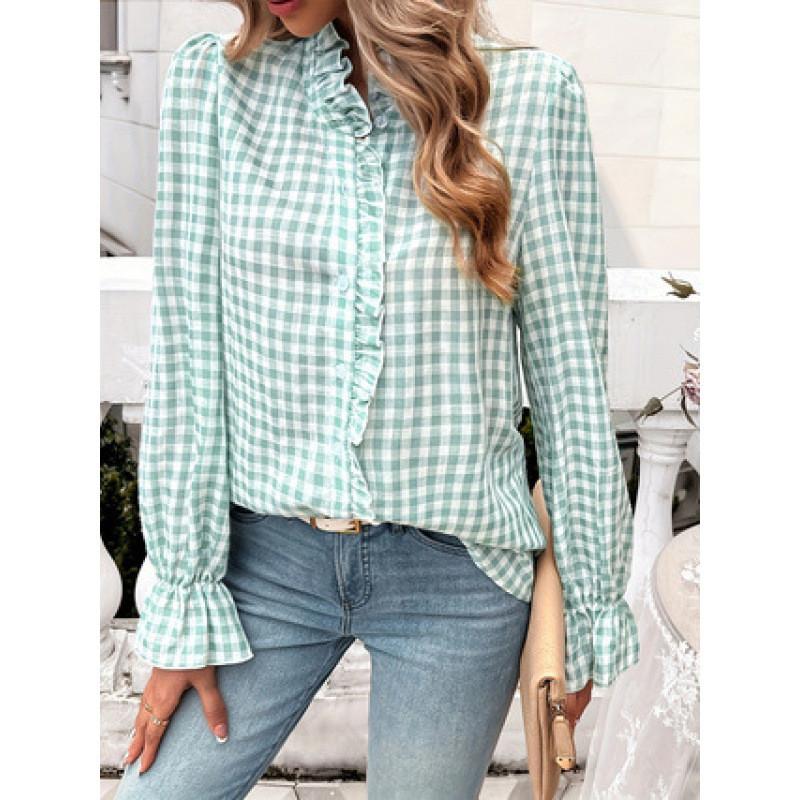Polyester Geometric Pattern Blouse For Women With Long Sleeves And French Style Buttons For Spring Fashion