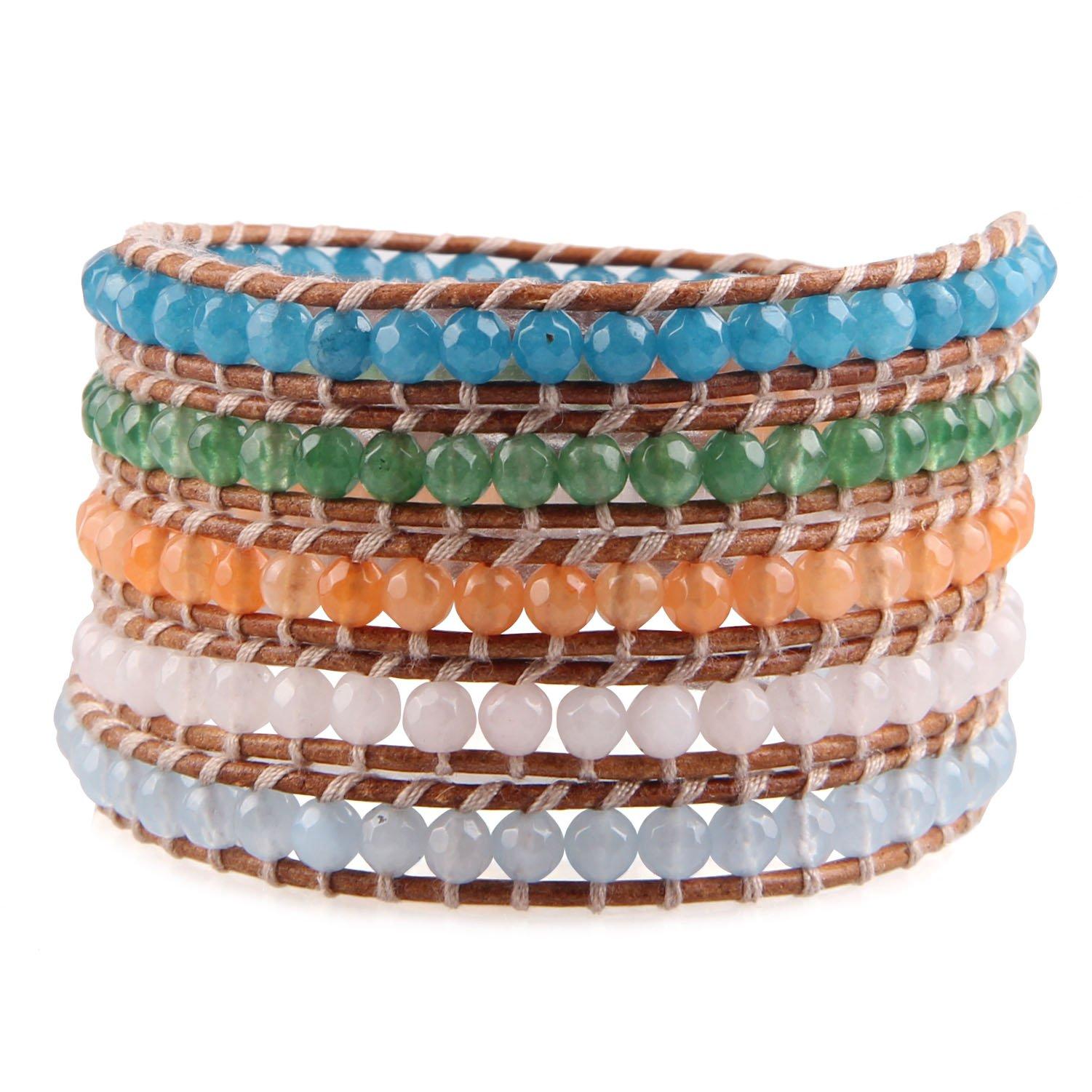 KELITCH Crystal Agate Jade Mix Bead Weave 5-Wrap Bracelet Handmade Fashion Ladies Jewelry 34  (Crystal)