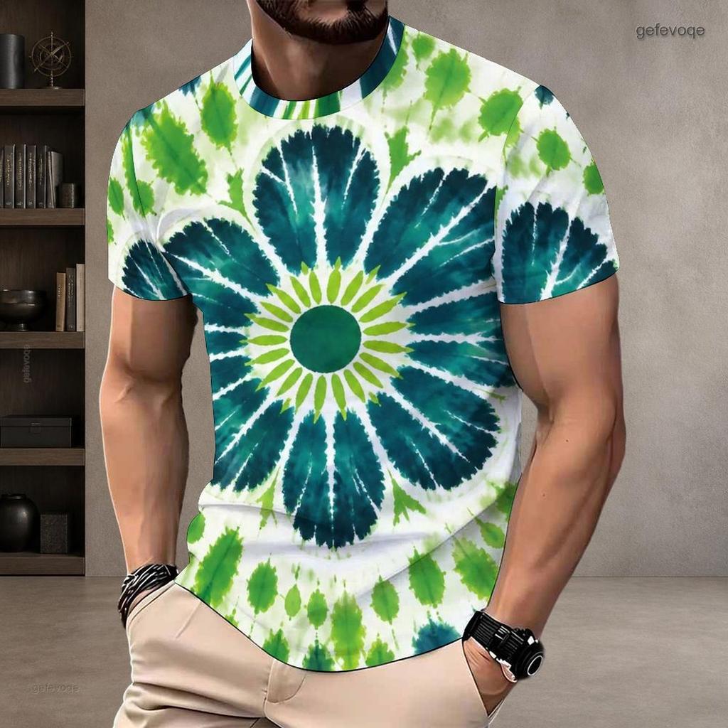 Men Plus Size Round Neck Short Sleeve Dark Green Clover Printed T Shirt