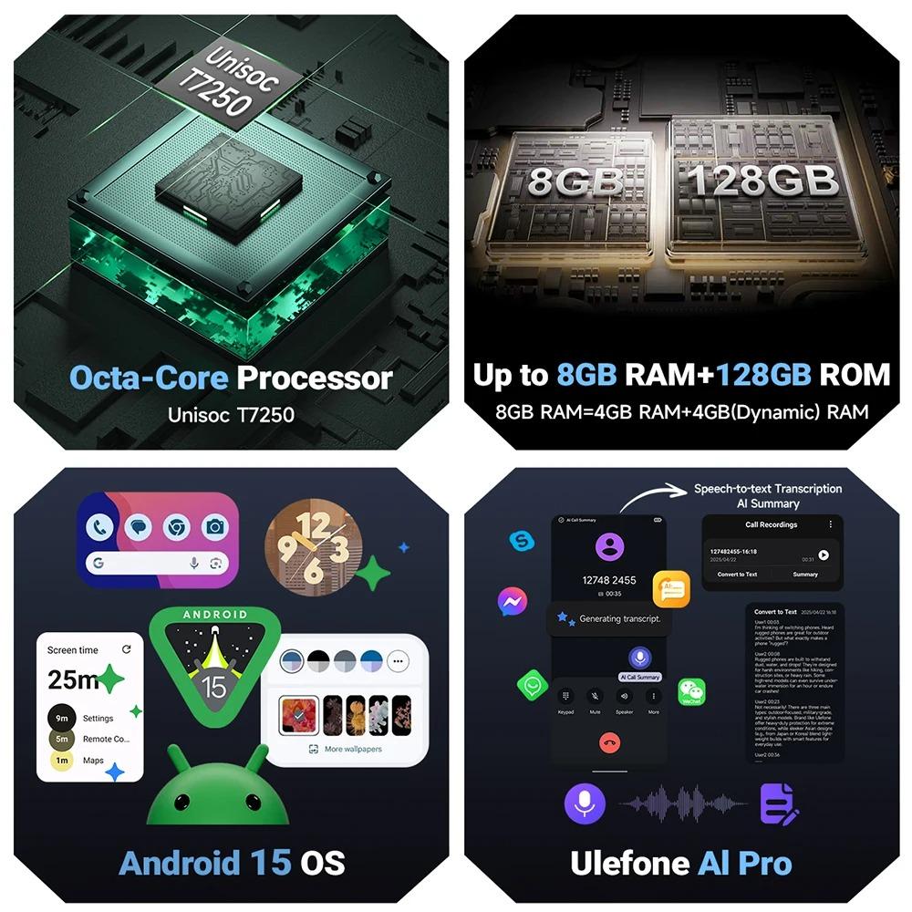 Ulefone RugKing 2 Pro AI Rugged Phone Android 15 4G Up to 8GB RAM+128GB ROM Waterproof Smartphone NFC 5.45"4G Global 4550mAh
