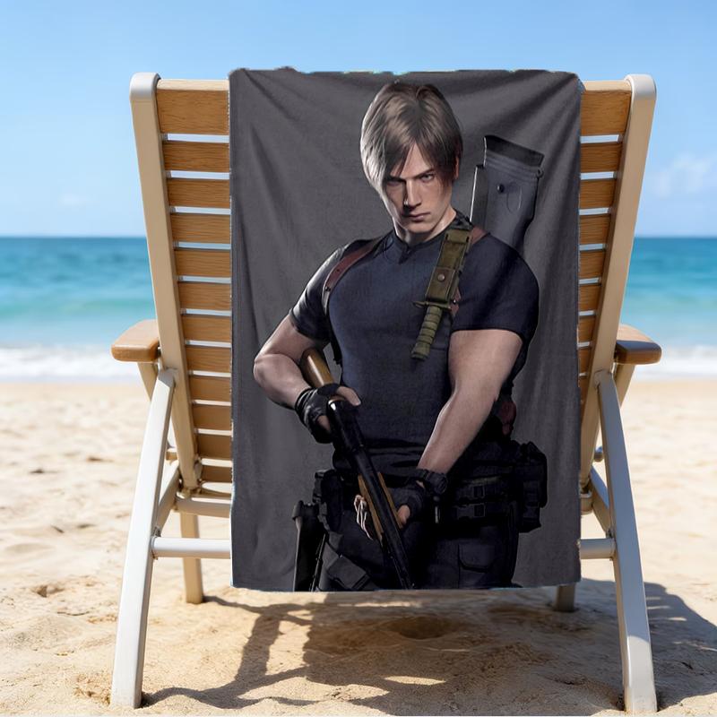 proof beach towel with a Resident Evil Leon S. Kennedy pattern - soft,absorbent,quick-drying,machine washable - perfect for swimming,camping,bathing