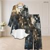 Women Plus Size Navy Blue Printed Round Neck Long Sleeve High Low Top Wide Leg Pants Two Piece Set
