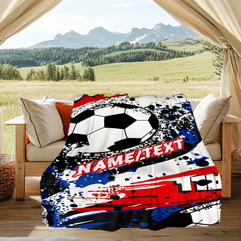 1PC Custom Name Soccer Ball Graffiti Art Outdooor Flannel Blankets Throw Blanket All-Season Throw Gift Bedspread for Couch, Bed, Camping Holiday Birth