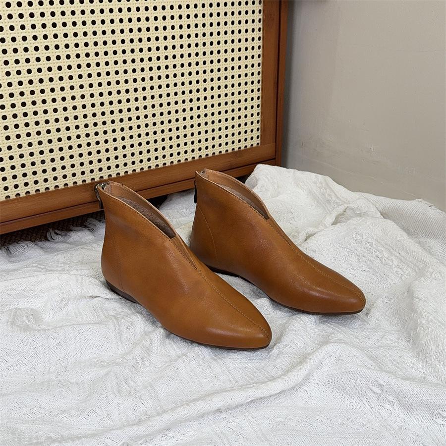 Johnature Retro Pointed Toe Cowhide Short Boots Versatile Genuine Leather Soft Soled Women's Shoes