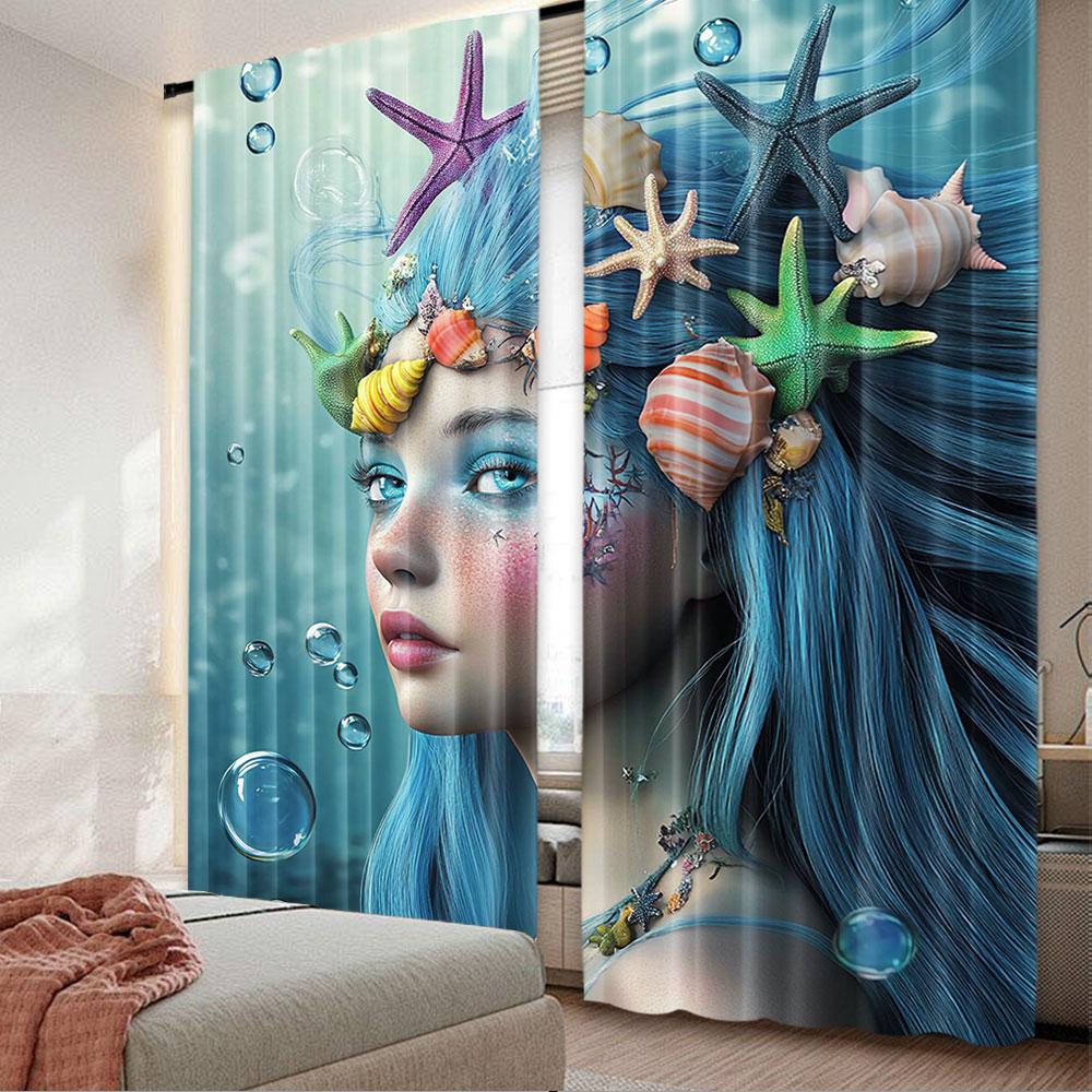 

2Pcs Mermaid Curtain Woman Underwater Themed Make Up Hairstyle Starfishes Seashells Bubbles For Bedroom Living Room And Dining 41x90in(105x230cm)