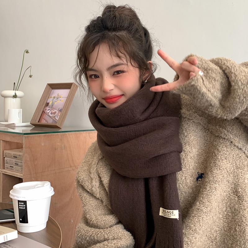Solid Color Tassel Soft Waxy Plush Scarf for Women Autumn and Winter Plus Velvet Thickening Korean Style Versatile Couple Student Warm Scarf