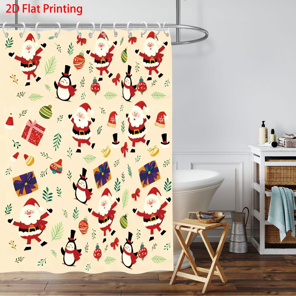 1Pc Santa Claus Printed Waterproof Shower Curtain, Bathroom Partition Privacy, Multiple Sizes, 12 Hooks, Easy To Install