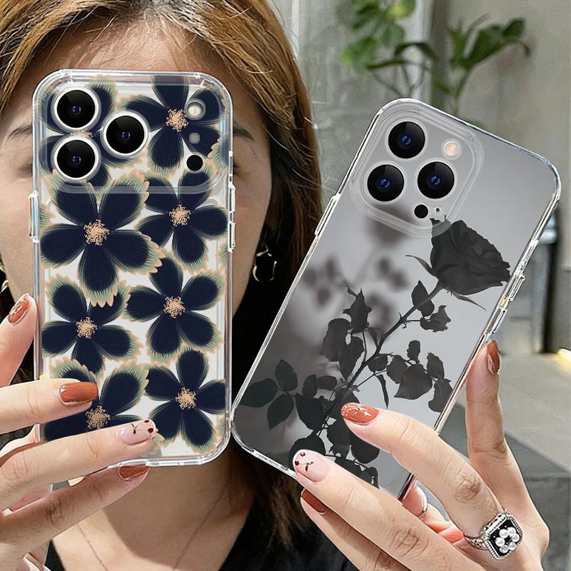 Black Rose Floral Pattern Case For iPhone 17 Pro Max Coque iPhone 16 15 14 13 Pro Max 11 Clear TPU Silicone Soft Cover