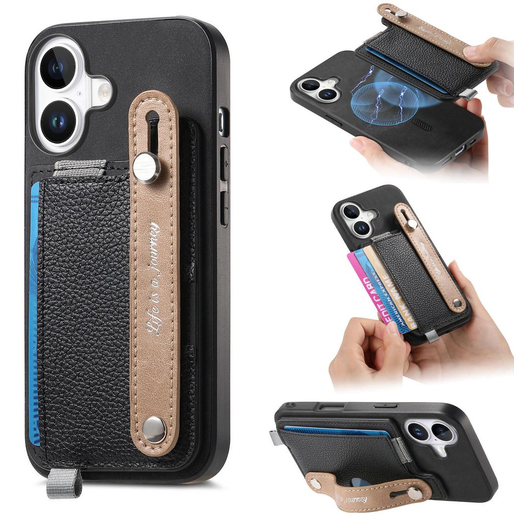 For iPhone 16 Plus Magnetic Leather Back Case with Detachable Card Holder and Wristband