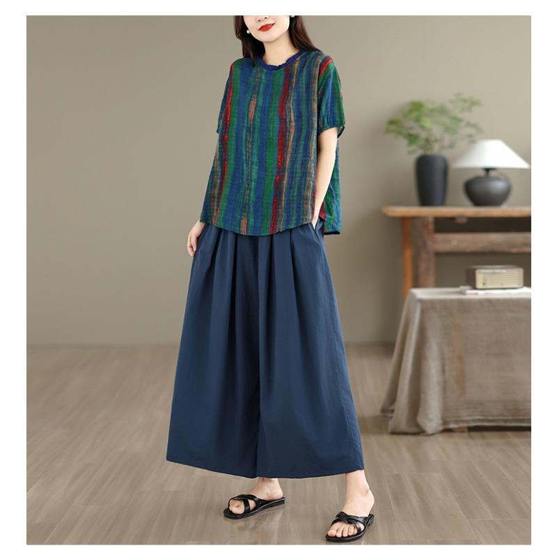 DIMANAF Plus Size Summer Pants Suits Women Sets Suits Loose Tops Shirts Long Pants Cotton Vintage Casual Clothing
