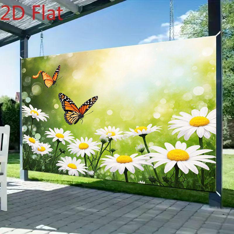 2D plane a sunny field background cloth blooming white daisies and vibrant green grassland polyester fiber