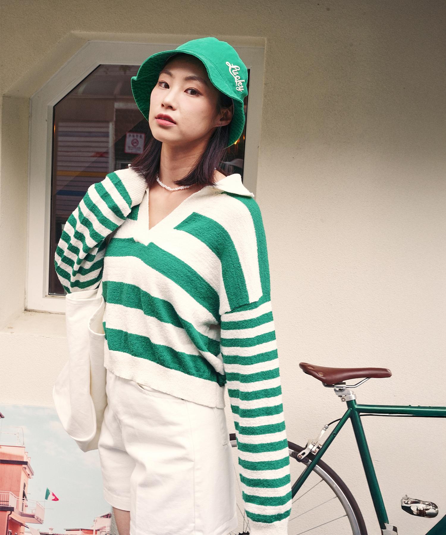 High Five Marine Stand Collar Striped Knit Green/M