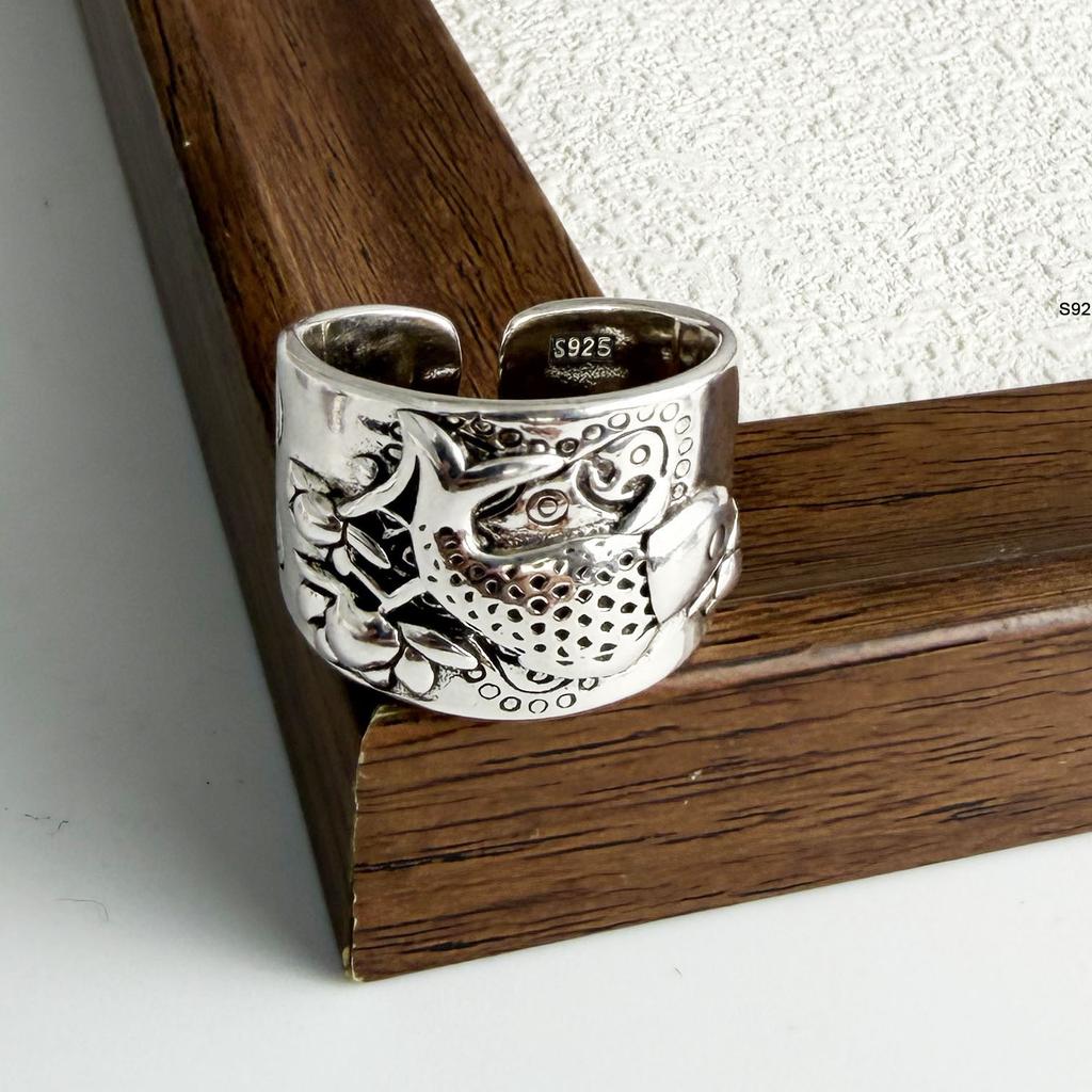 925 Silver Rings For Women Geometric Fine Jewelry Finger Adjustable Wide Hollow Stone Ring For Party Birthday Gift