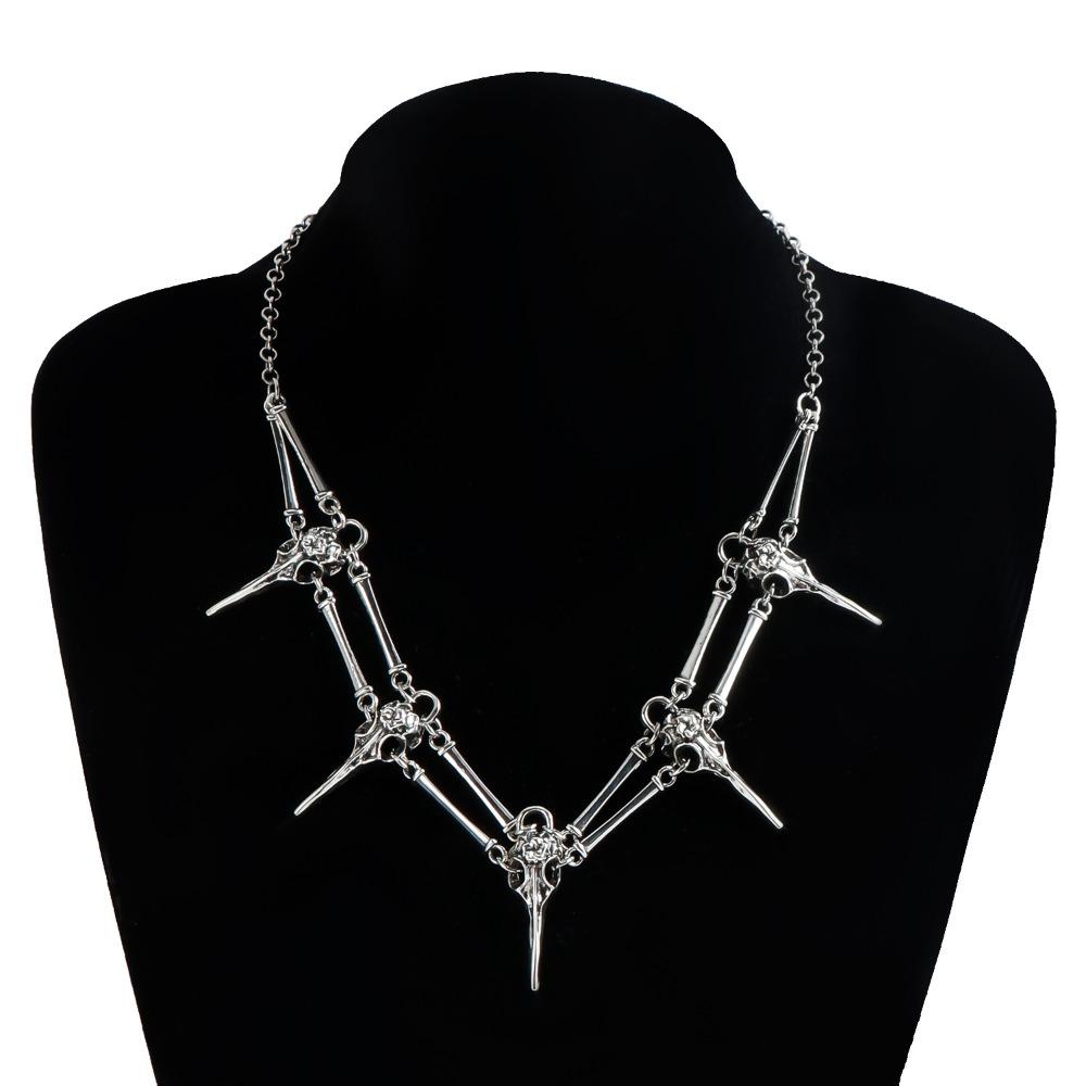 

Alternative Fashion Bird Skull Pendant Raven Pendant Necklace Antiqued Silver Boho Style Chocker Neck Accessories Unisex Design серебряный