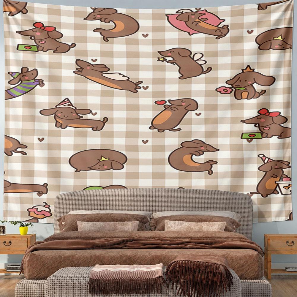 Cute Dachshunds On Plaid Pattern Pattern Wall Hanging Tapestry Decorative Tapestry Home Decor for Bedroom and Living Room