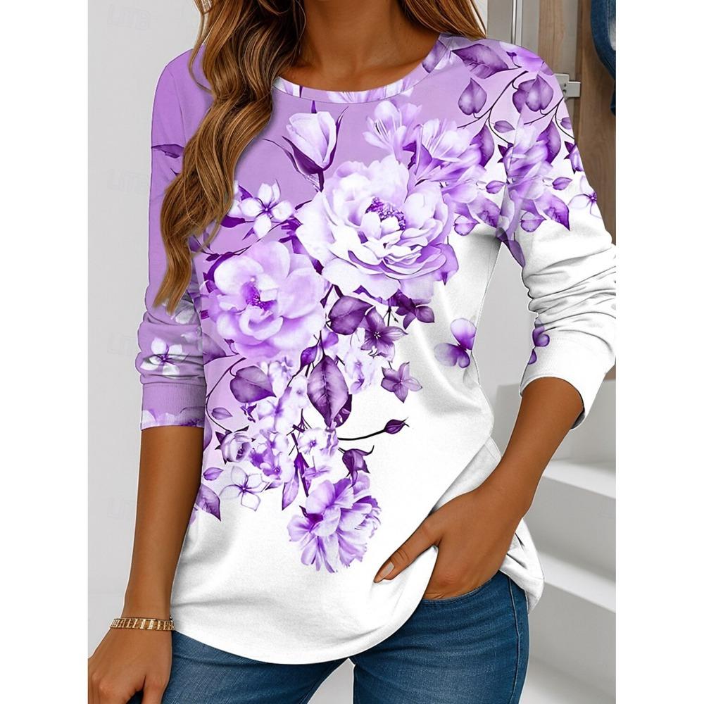 Summer Women's T Shirt Floral Graphic Plants Stylish Casual Long Sleeve T-shirts Round Neck Regular Tops Flower Printed Pullover