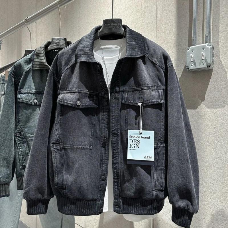 Men S Denim Jacket Loose Fit Workwear Style Lapel Long Sleeve