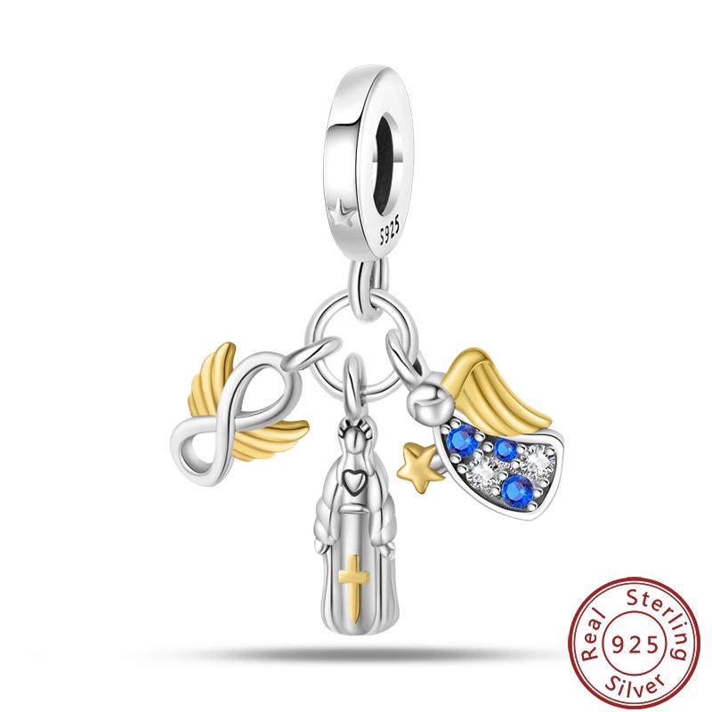 925 Silver Virgin Mary Deep Blue Golden Goddess Beautiful Blessing Charms Beads 3mm DIY Fine Jewelry Making