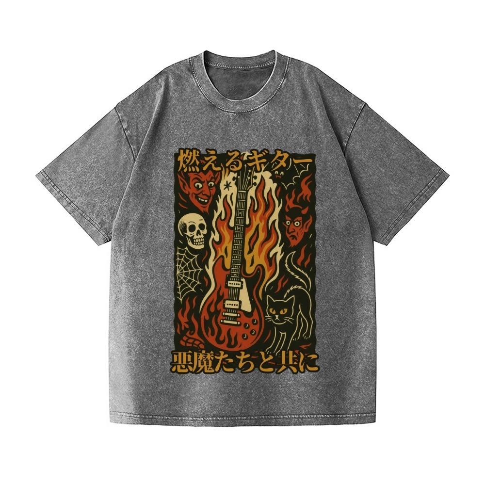 

Halloween Fashion Summer Tees Vintage Flame Guitar Skull Wash Japanese Design TShirt Kpop Clothes Korean Gothic Tops S