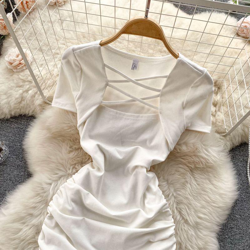 2024 Summer Hot Girl Slimming Square Neck Mini Dress with Drawstring Bodycon and Short Sleeves