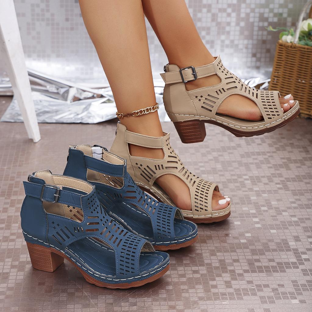 Women Strap Sexy High Heel Sandals Woman Roman Hollow Shoes Lace-up Peep Toe Sandals Casual Chunky High-heeled Sandals