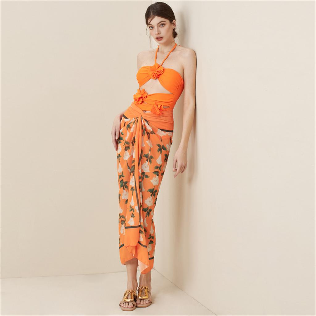 Sexy Bademode Frauen 2024 Badeanzug Coverups für Frauen Sarong Strand Rock Wrap Bikini Badeanzug Set Orange