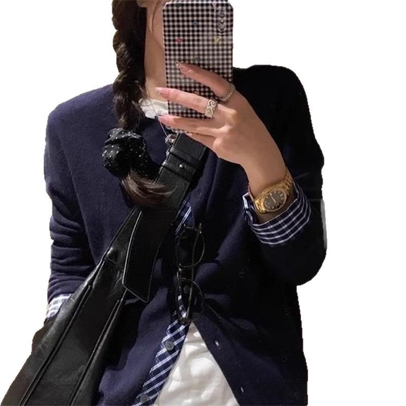 Temperament Commuter Crew Neck Single-breasted Plaid Splicing Knitted Cardigan Women's Autumn New Fashion Age-reducing Sweater