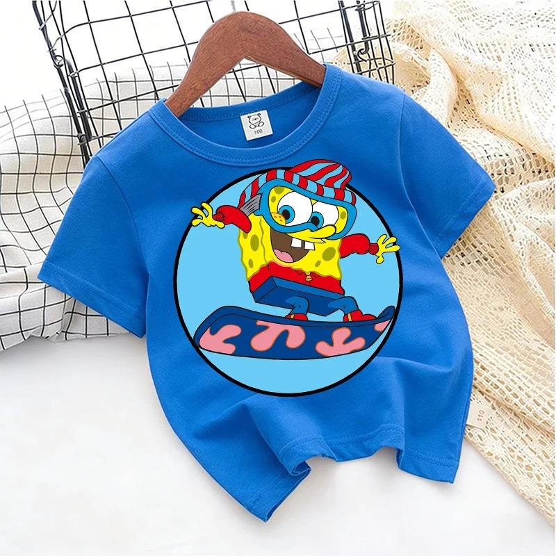 SpongeBob TShirt for Kids Cartoon Design Round Neck for Boys and Girls Cotton Casual Streetwear Short Sleeve Kids Tops