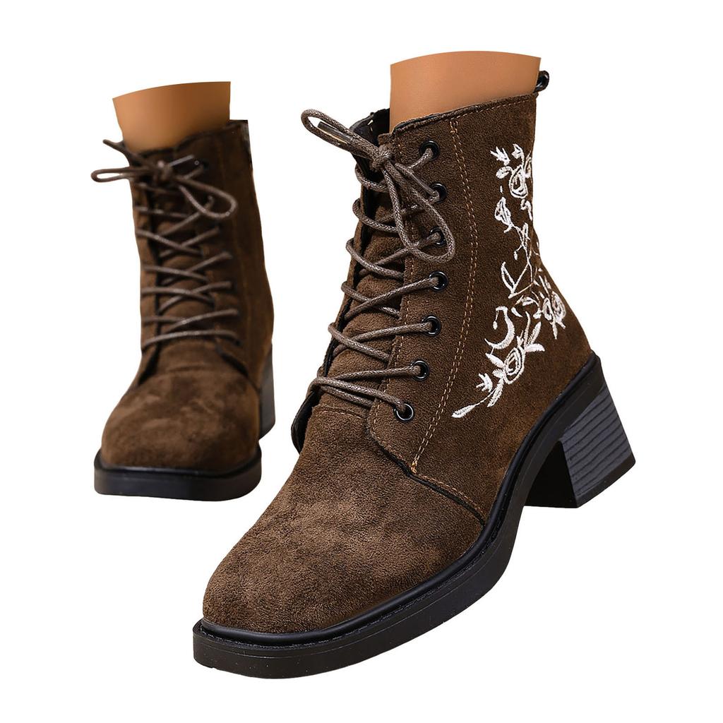 Women's Casual Fashion Flower Embroidery Temperament Commuting Thick Soled Side Zipper Ankle Heeled Boots for Women Booties