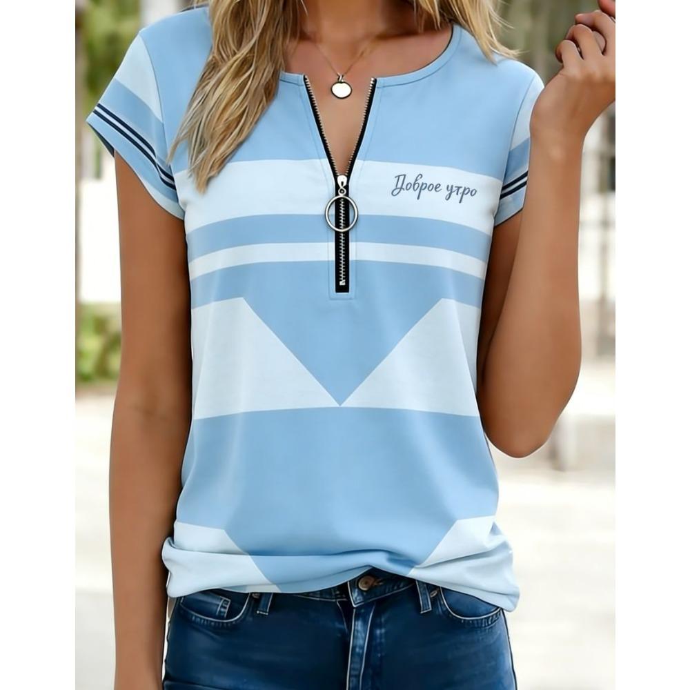 

Summer women s short sleeved T-shirt fashionable and elegant zipper V-neck color blocked printed T-shirt large size L