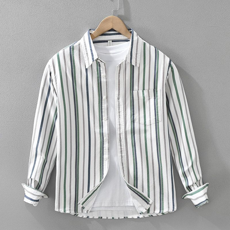 Spring Japan fashion Print Vertical Stripes Long sleeve Shirts Men's Loose Hong Kong Style Western Style Casual Shirt Outerwear Pure Cotton