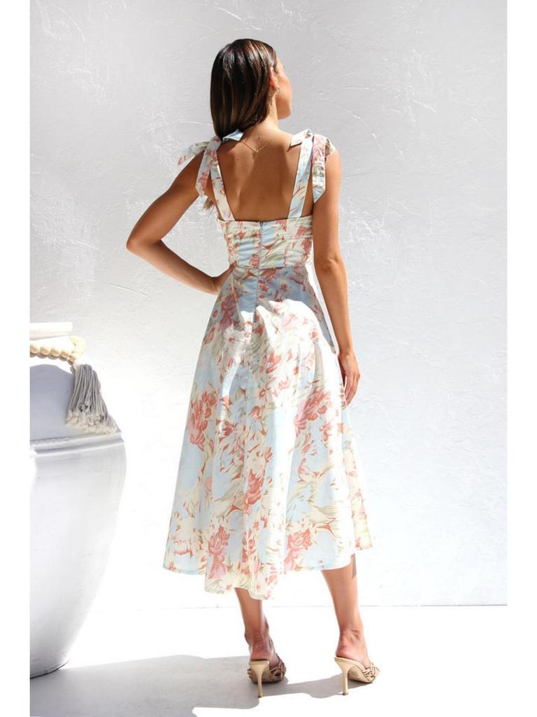 V Neck Strap Printingt Dress Lace Up Knee Length Dress Elegant Sleeveless Dresses Causal Women Dress