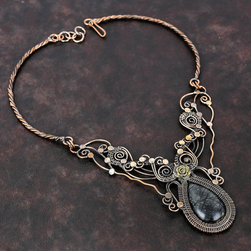Collier Jaspe Picasso Collier Enveloppé de Fil de Cuivre Collier Réglable Bijoux en Fil de Cuivre Collier de Pierre Précieuse Cadeau de Mariage Bijoux Faits Main