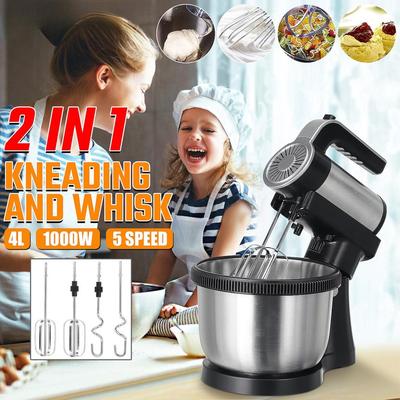 Batidora de pie de 1000W con 5 velocidades, bol de acero inoxidable, para mezclar, hornear, cocina, batidora de mano 4L