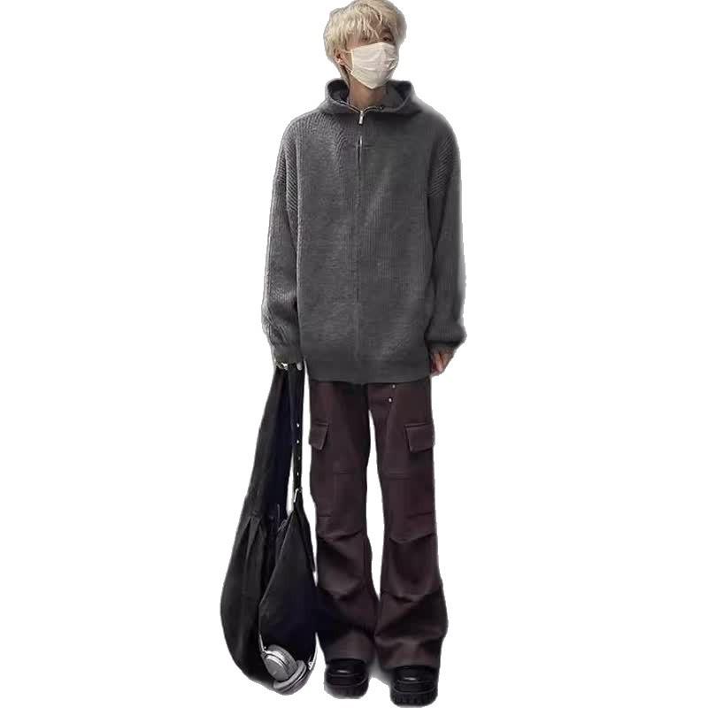 Unisex American Retro Zippered Hoodie Cardigan for Spring & Autumn - Lazy Style Casual Knitwear